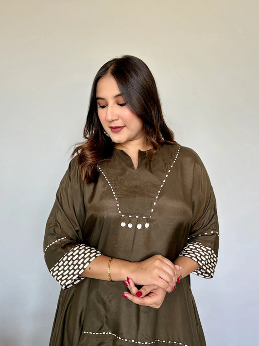 Olive Green Asymmetrical Muslin Co-ord Set