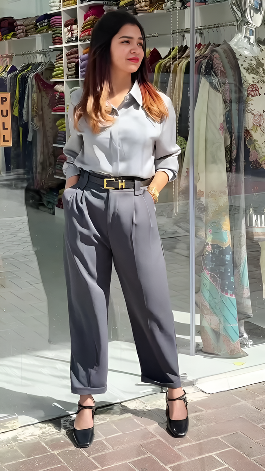 Sreeleela inspired korean style formal shirt with pant set for women.