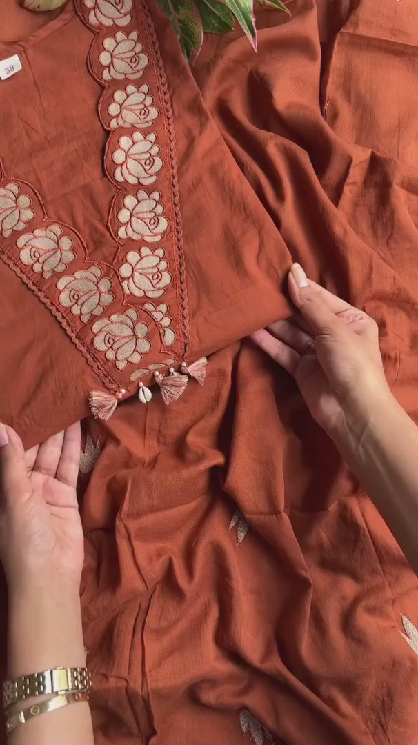 Elegant Embroidered Suit Set with Cutwork and Complete Cotton Linning